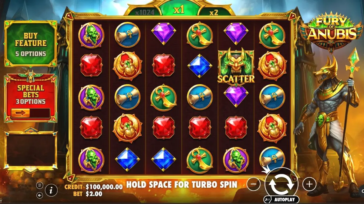Fury of Anubis slot game interface on a mobile device screen