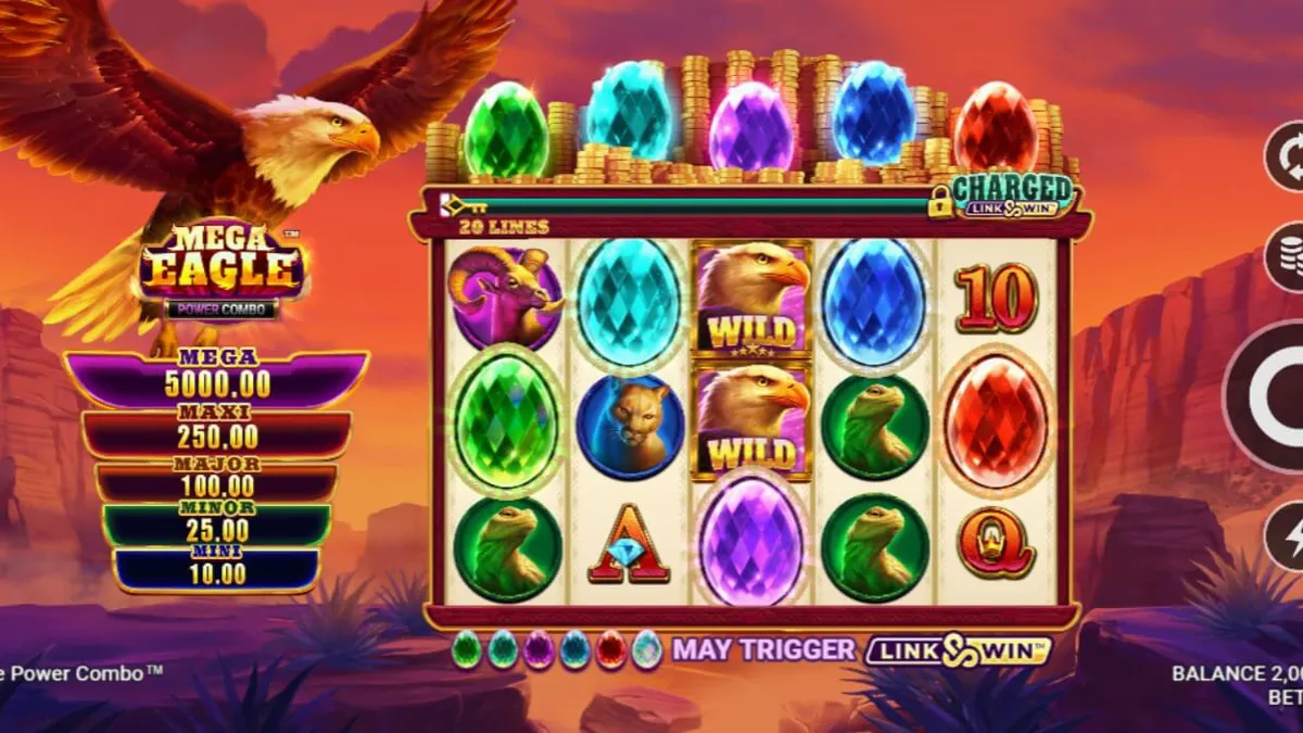 Mega Eagle Power Combo slot machine interface na may temang kalikasan