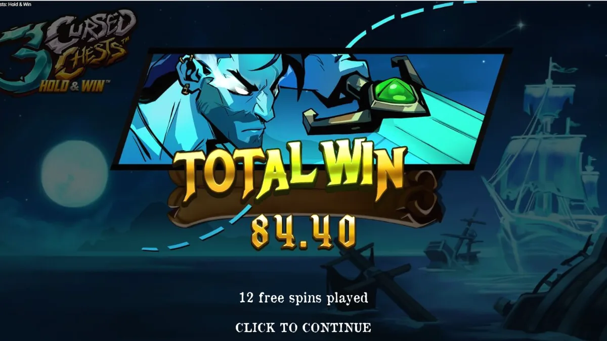 3 Cursed Chests: Hold & Win slot gameplay featuring pirate theme and cursed treasure chests.