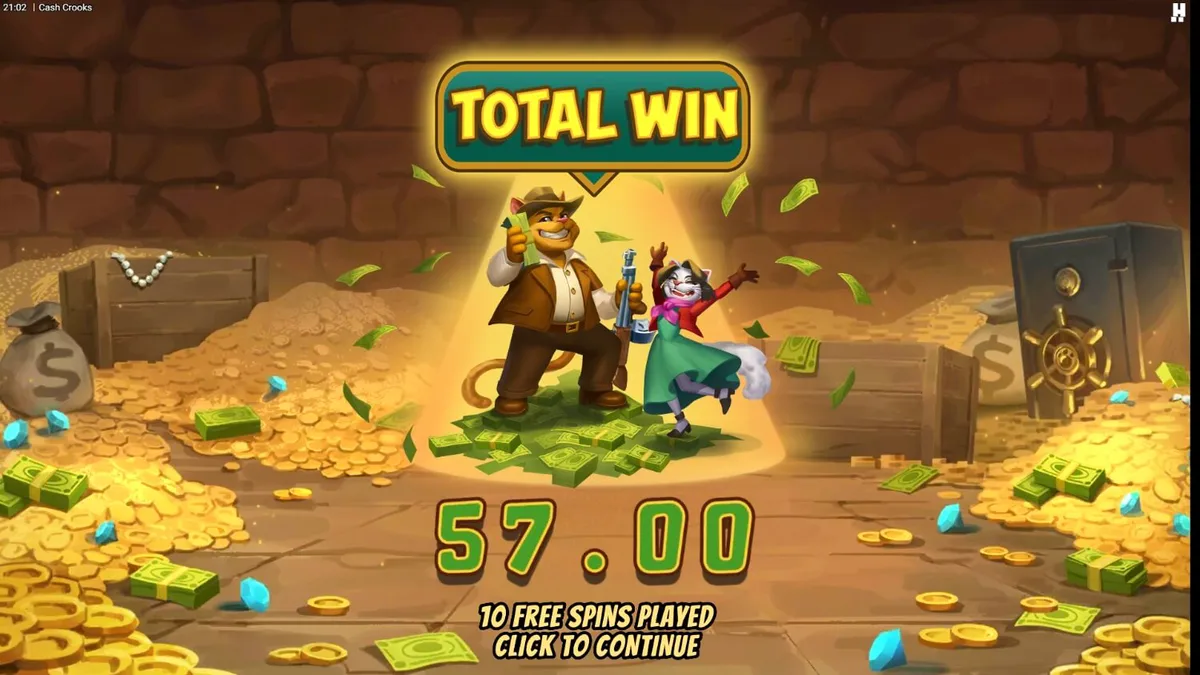 Cash Crooks slot game screen na nagpapakita ng vault dials at cartoon cat characters.