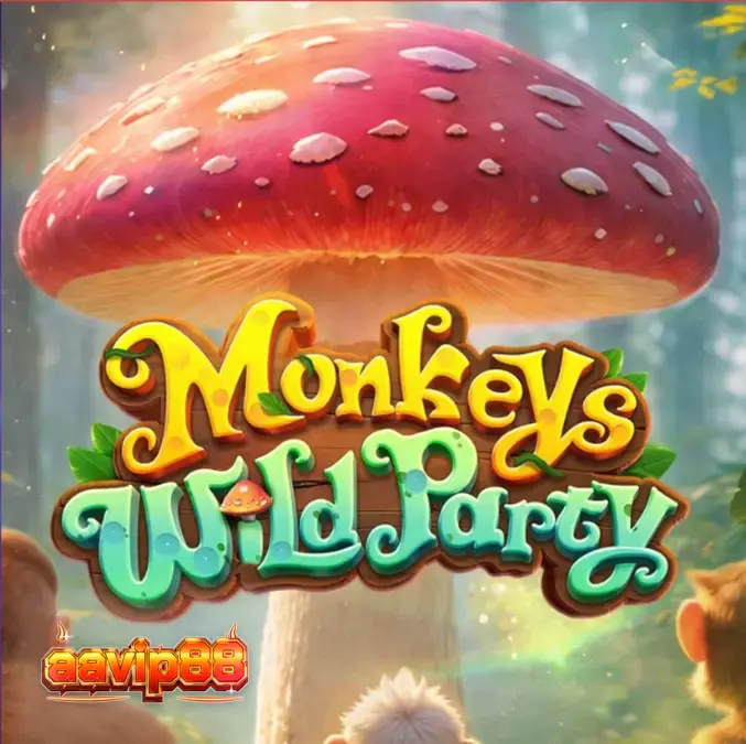 Isang masiglang eksena mula sa Monkeys Wild Party slot na nagpapakita ng mga unggoy at makukulay na mushroom sa isang 5x5 grid.